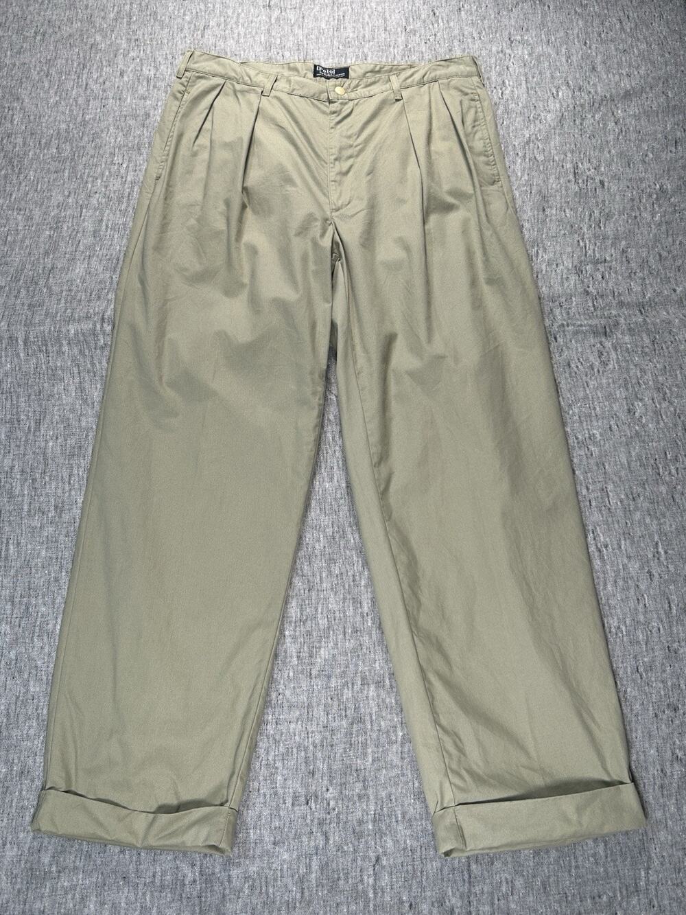 Vintage Polo Ralph Lauren Chinos Mens 36x30 Green Pleated Cuffed USA Made Preppy